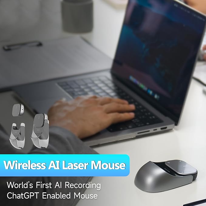 2025 Wireless AI Mouse - Bluetooth ChatGPT Air Mouse with Voice Recording &amp Summarize by AI Detachable Presenter Presentation Pointers Remote with Laser Compatible with PC/Mac/Laptop Silver