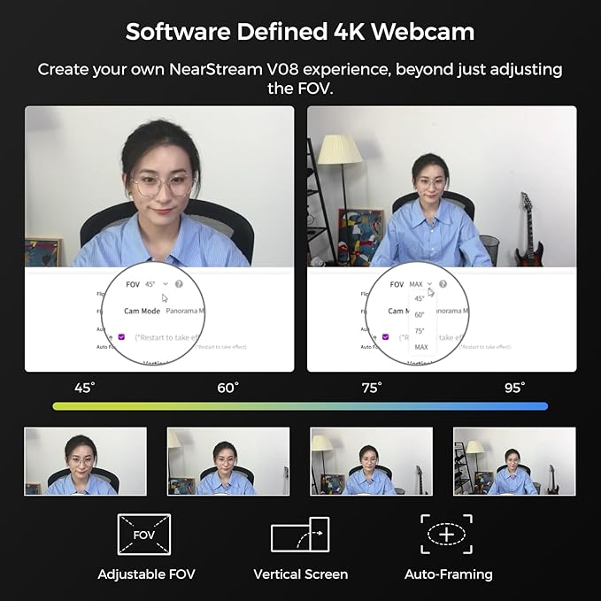 NearStream V08AF 4K Webcam with Tripod Adjustable Height Webcam Stand Streaming Webcam with Software Control Adjustable FOV Auto Focus AI Framing Plug &amp Play for Zoom/Skype/YouTube/FaceTime