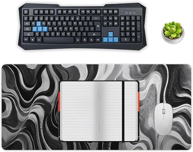 Abstract Art White Gray Gaming Mouse Pad Non-Slip Rubber Base 3XL Mousepad with Stitched EdgesWaterproof Washable Mouse Mat for Desk Home Office Gaming 35.5x16