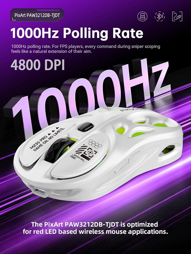 White Gaming Mouse - Tri-Mode Wireless (2.4G/Bluetooth/Wired) Ergonomic Hollow Design RGB Backlight Side Buttons Rechargeable Type-C for Mac/Laptop/iPad (Gaming/Office)