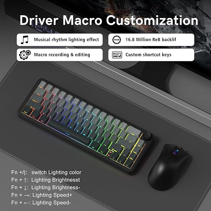 womier L65 60% Mechanical Keyboard with Knob4000mAhTri Mode USB-C/BT5.0/2.4GRGB BacklitHot SwapShine Through keycapsLinear SwitchGasket Mounted Wireless Gaming Keyboard for PC/Mac(Black)