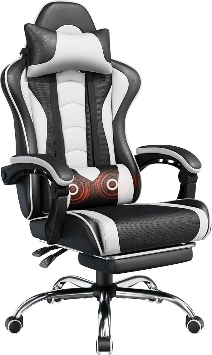 Yaheetech Gaming Chair Video Game Chair with Massage Lumbar Support and Footrest Height Adjustable Ergonomic Computer Gaming Chair with Swivel Seat and Headrest Black/White