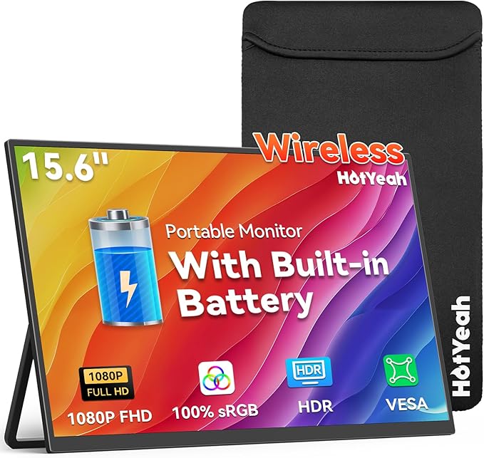 Wireless Portable Monitor Battery-Powered Support AirPlay Miracast 15.6 1080P IPS Monitor USB-C HDMI External Display 2nd Screen for Laptop MacBook PC Phone Tablet w/Built-in Battery(4- 5H)