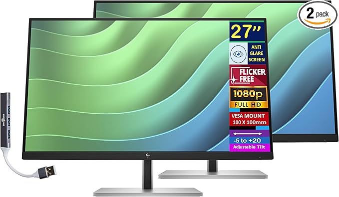 HP E27 G5 27 FHD IPS Monitor with 5ms Response Time Anti-Glare Flicker Free 300 nits Brightness VESA Mount (100 mm) HDMI &amp Dockztorm USB Port Expander Black/Silver Color (6N4E2AA#ABA) 2 Pac