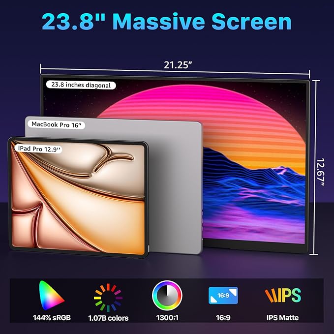 Portable Monitor 23.8 inch 4K 3840X2160 144% sRGB 60Hz HDR HDMI USB-C Travel Monitor for Laptop MacBook PC Surface PS5 Xbox Large External Display with Kickstand &amp Speakers VESA Compatible