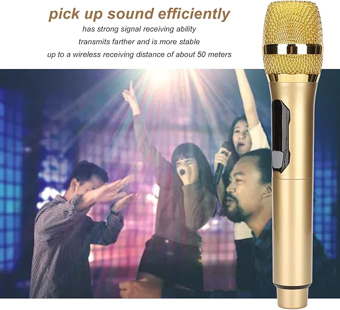 W ireless Microphone Dynamic Mic System Cordless Handheld Mic System with Long Distance UHF Receiver and A Live Sound Card for Karaoke Speech Wedding Church PA System (Gold)