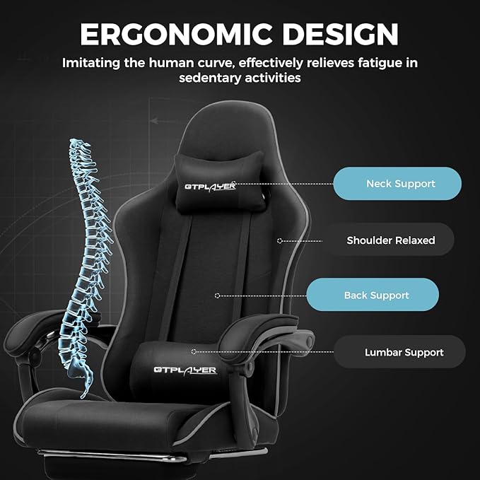 GTPLAYER Gaming Chair Computer Chair with Footrest and Lumbar Support Height Adjustable Game Chair with 360°-Swivel Seat and Headrest and for Office or Gaming (Faux Leather Black)