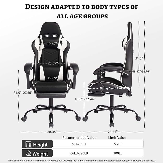 Gaming Chair with Footrest &amp Massage Comfortable Game Chair for Adults Gaming Desk Chairs with Headrest and Lumbar Cushion for Work and Study Adjustable Height Ergonomic (Black+White)