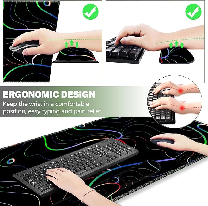 ARTSO Gaming Mouse Pad Wrist Support Set XXL Large Desk Mat Mousepad + Keyboard Wrist Support+ Mouse Wrist Rest+Coaster 4in1 Ergonomic Memory Foam Stitched Edge for Home Office -Colorful Lines