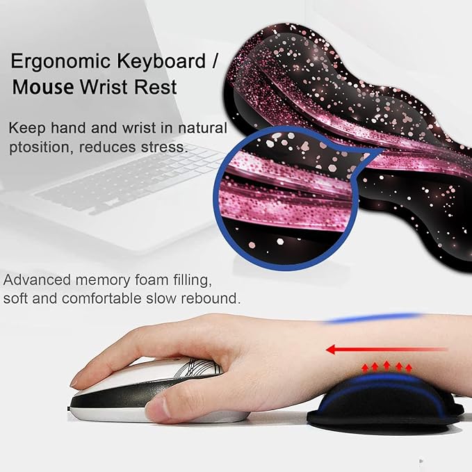 Extended Gaming Mouse Pad 31.5x11.8 Big Desk Mat Ergonomic Memory Foam Keyboard Wrist Rest Support for Home Laptop Working Office Desk Pad with Non-Slip BaseRose Gold Sparkle Large Mouse Pad