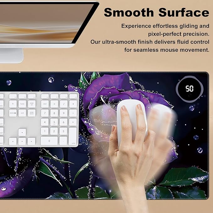 Heated Desk Pad 31.5 x 13 3 Large Heated Mouse Pad with Heat Levels (40°C/45°C/50°C) &amp 3H Auto Shut-Off Desk Mat Fast Heating PU Leather Warmer Mousepad for Home Office - Purple Rose Flowers