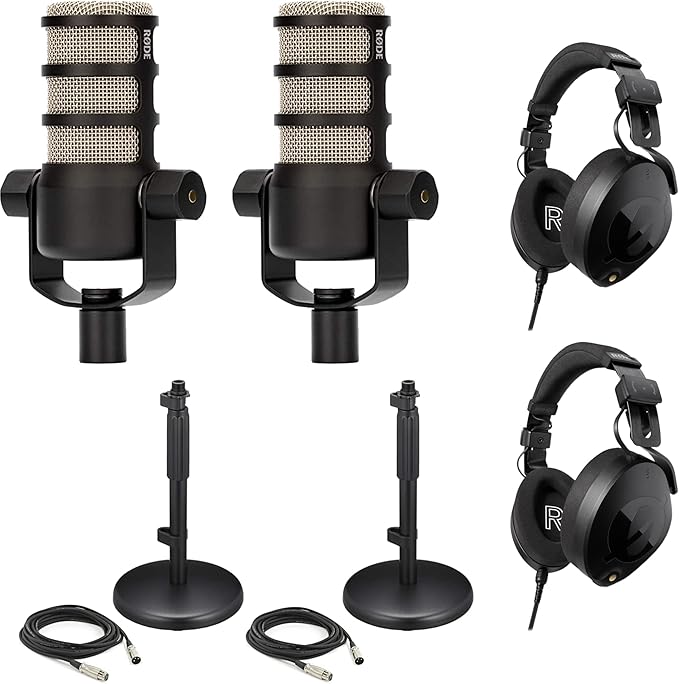 Rode PodMic Dynamic Podcasting Microphones (Pair) with DS1 Microphone Desk Stands NTH-100 Professional Closed-Back Over Ear Headphones XLR Cables and StreamEye Polishing Cloth