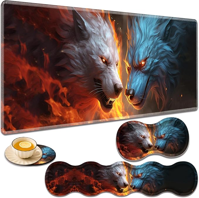 Gaming Mouse Pad Set Large Gaming Mouse Pad+Keyboard Wrist Rest+Mouse Wrist Rest+Coaster Easy Typing Pain Relief 31.5 × 11.8 inch Desk Mat for Home Office - Ice Wolf and Fire Wolf