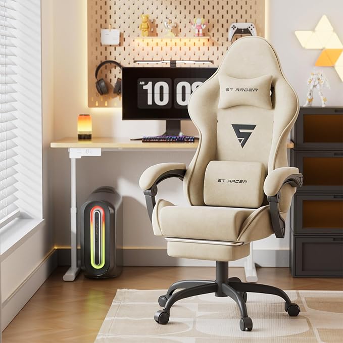 Ferghana Velvet Fabric Ergonomic Gaming Chair with Footrest and Massage High Back Reclining Computer Gamer Chair for Adult Racing Style PC Video Game Chair Suitable for Home Office (Beige)