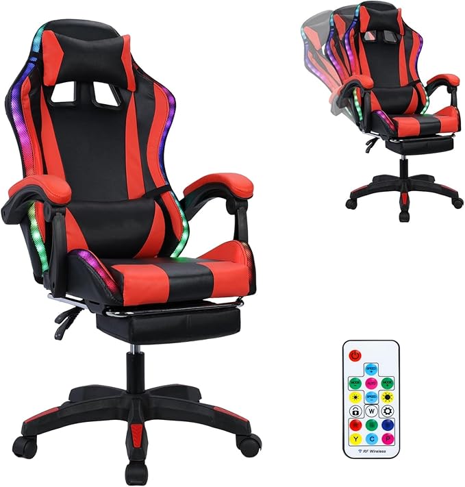 Gaming Chair with Bluetooth Speakers &amp Lights Ergonomic High-Back Office Chair with Retractable Footrest 360° Swivel Adjustable Computer Chair Faux Leather Racing Style for Home Office &amp Ga