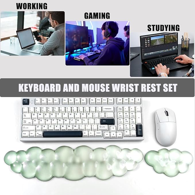 Ergonomic Gel Keyboard and Mouse Wrist Rest Set – Green Cloud Wrist Rest for Computer Keyboard 60%/68%/75% Comfort &amp Support for Typing and Gaming