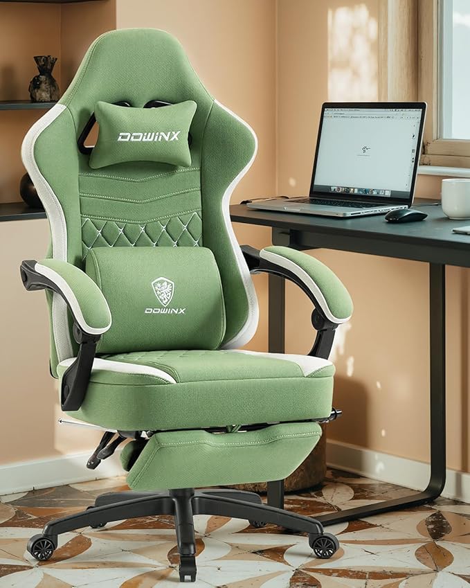 Dowinx Gaming Chair Breathable Fabric Game Chair with Gel Pad and Storage Bag Comfortable Gamer Chair with Pocket Spring CushionErgonomic Computer Chair with FootrestGreen and White