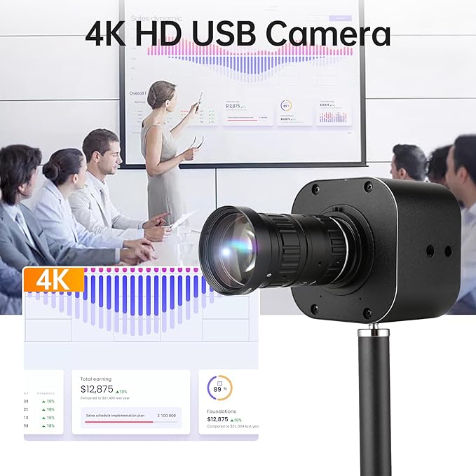 4K HD USB Camera 10X Optical Zoom 5-50mm Variable Lens 8MP Mini Web Camera with Microphones 1920x1080@60fps Manual Focus with 2 Image Formats MJPEG and YUY2 Compatible with Window XP/Vista/7/8/10