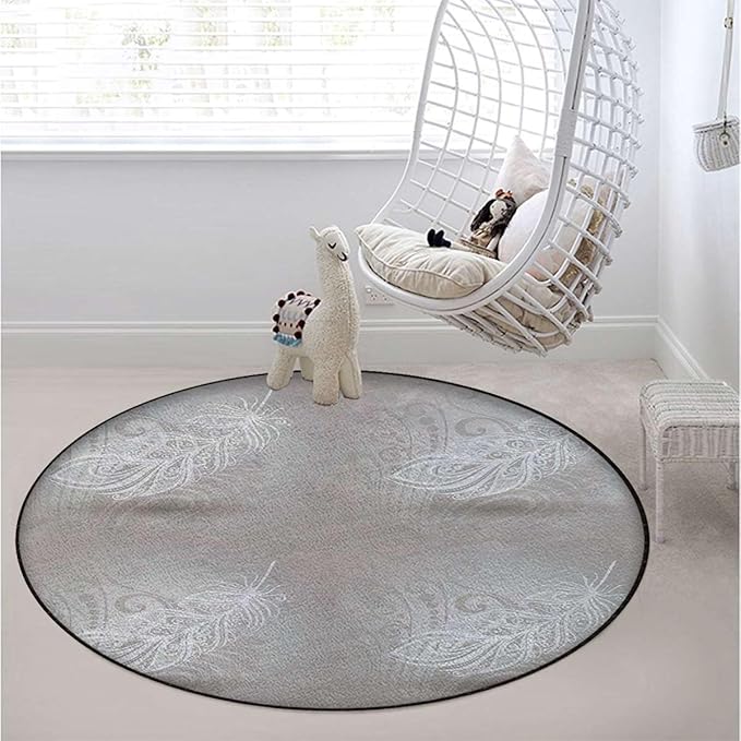 Grey White Round Home Office Computer Hardwood Floor Protector Mat Soft Thick Low Pile Gaming Rolling Desk Chair Mat Carpet Swirled Branches Curved Flower Leaves Diameter 51 in