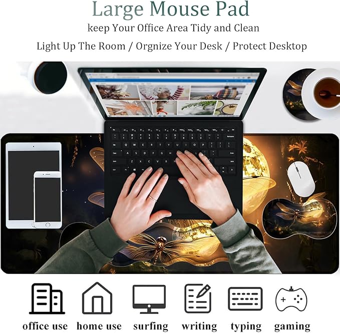 4 in 1 Mouse Pad Combo Large Gaming Mouse Pad + Keyboard Wrist Support + Mouse Wrist Rest + Coaster Table Pad 31.5 x 11.8 with Memory Foam Ergonomic Wrist Pad Set Dragonfly Under The Moon