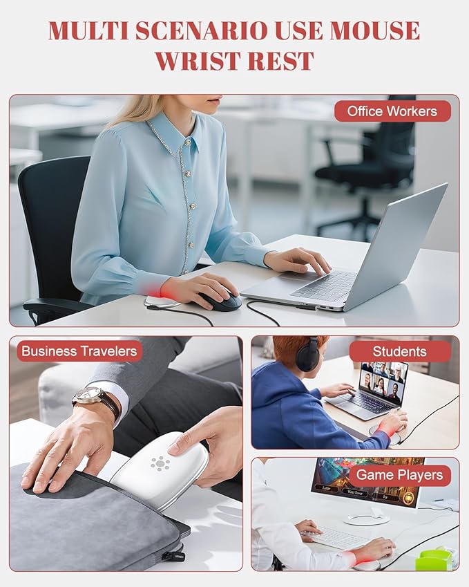 Red Light Therapy Mouse Wrist Rest - 660nm+850nm Touch-Activated Near-Infrared Light for Hand Ergonomic Design for Office/Gaming/Travel/Laptop