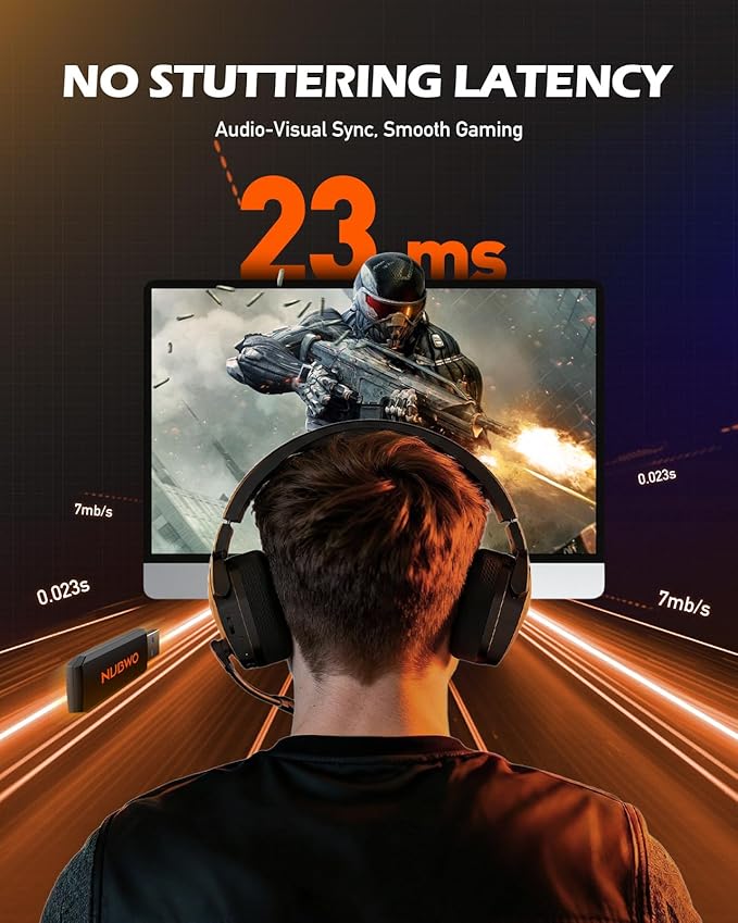 NUBWO Wireless Gaming Headset with Mic for Ps5 Ps4 PC Zero Interference 100-Hour Battery All-Day Play 23ms Sync for Fortnite &amp Call of Duty/FPS Gamers Triple Mode All Devices Compatible - Ora