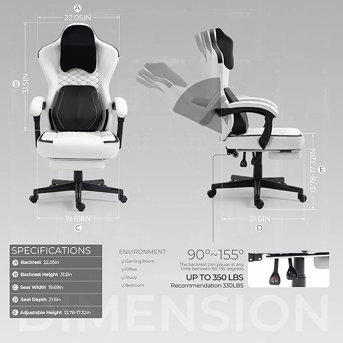 Gaming Chair with Heated Massage Lumbar Support Ergonomic Computer Chair with Footrest and Pocket Spring Cushion High Back Massage Gaming Chair Reclining Office Chair with Footrest 330lbs (White)