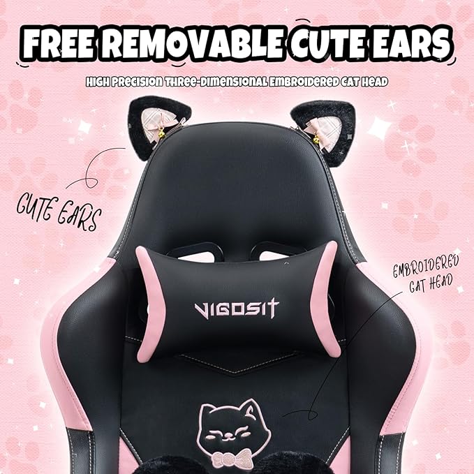 Gaming Chair Cute Cat Computer Chair with Footrest and Headrest Ergonomic Gaming Office Desk Chair with Lumbar Cushion Height Adjustable 360° Swivel Recling Chairs for Women Men