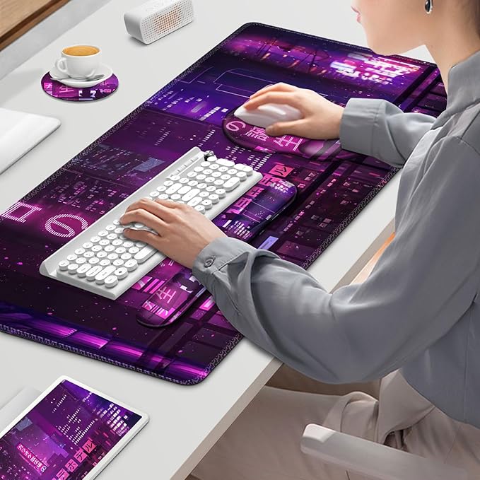Gaming Mouse Pad Large Desk Mat Cute Desk Pad 4in1 XXL Mousepad + Keyboard Wrist Rest+Mouse Wrist Rest+Coaster Set with Ergonomic Desk Pad for Home Office Table Computer Purple Anime Neon