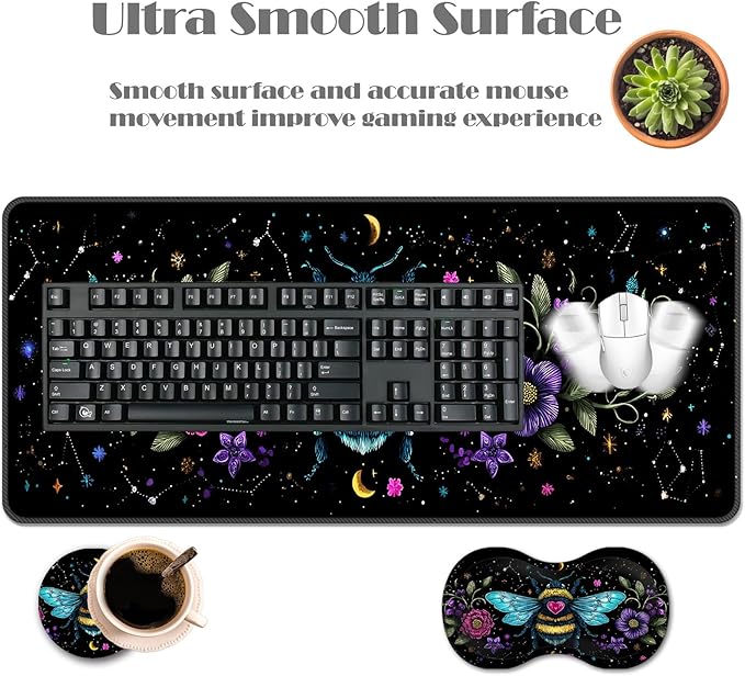 Ergonomic Keyboard Wrist Rest &amp Mouse Pad Wrist Rest SetXL Gaming Desk Mat 31.5x 11.8Non-Slip BaseMemory FoamEasy Typing Pain Relief for Office &amp HomeBee with Flowers