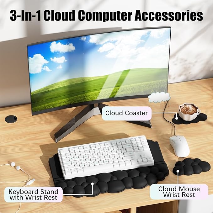 Ergonomic Wrist Rest for Keyboard and Mouse Soft Memory Foam Cloud Keyboard Stand Pad with Wrist Rest Set with Non-Slip Silicone Base Easy Typing Pain Relief Comfort for Office Work Gaming Black