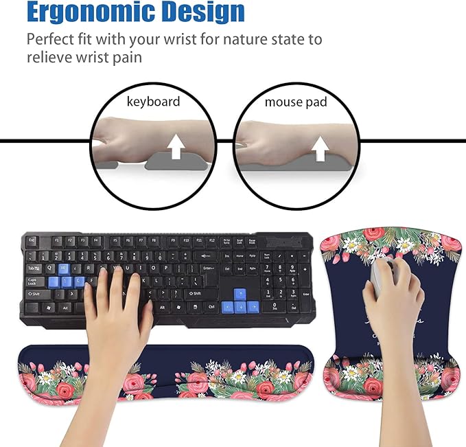 Keyboard Wrist Rest and Mouse Pad Wrist Support Set with Coasters Floral Quote Bible Verses Proverbs 31:25 Design Wrist Mouse Pad with Non-Slip PU Base for Home Office Working Studying