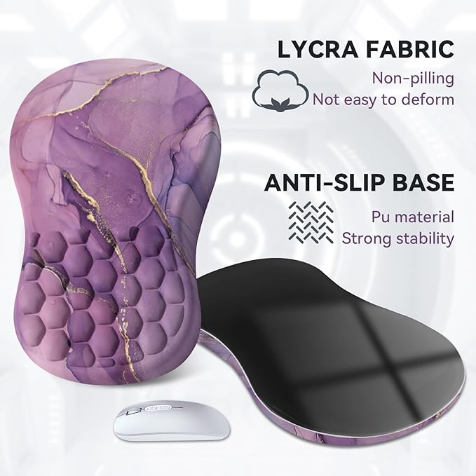 AIMSA Upgraded Wrist Rest Support Mouse Pad Ergonomic Mousepad Massage Memory Foam Design Pain Relief Comfortable Wrist Cushion Mat Non-Slip PU Base for Home Office Purple Marble