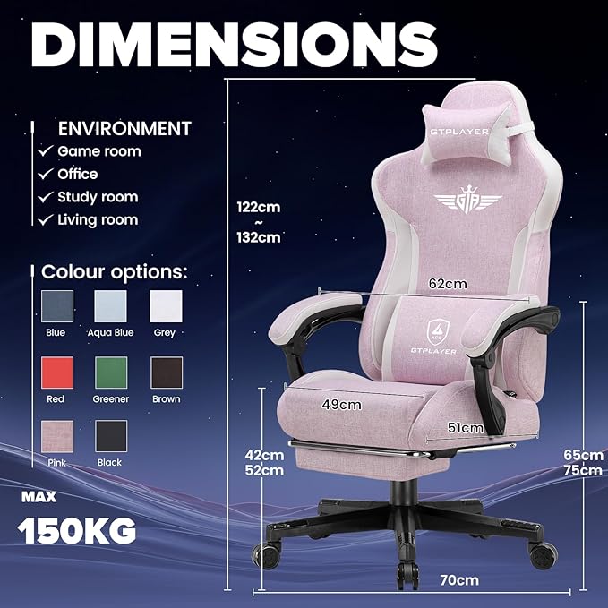 GTPLAYER Gaming Chair Computer Office Chair Lumbar Support Linkage Armrests and Footrest Ergonomic Game Chair for Adults with Extended Backrest Linen Fabric Pink