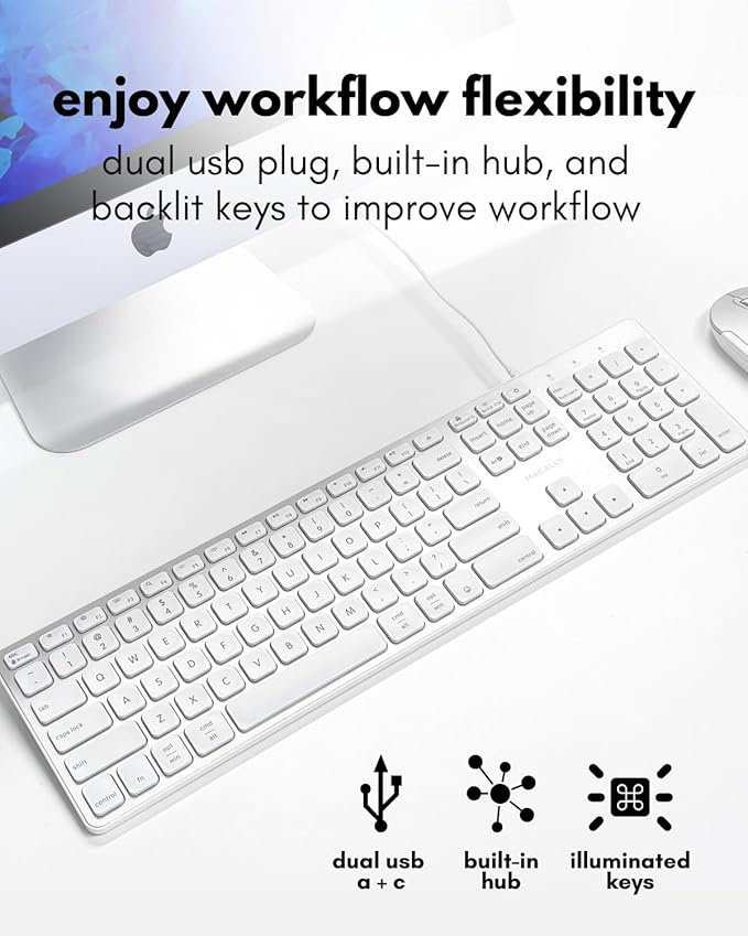 Macally Wired Keyboard for Mac with USB Hub (2X USB-A / 1x USB-C) - Compatible Backlit Apple Keyboard with Dual Interface - Auto OS Detection for Mac MacBook iMac PC Android iPad iOS - Silver