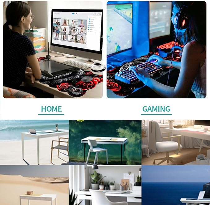 Desk Mat Mouse Pad with Wrist Rest 4-in-1 Large Mouse Pads for Desk Ergonomic Mouse Pad and Keyboard Wrist Rest Gaming Keyboard Mat for OfficeSnake and Roses