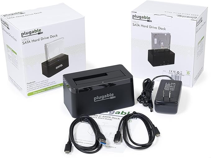 Plugable USB 3.1 Gen 2 10Gbps SATA Upright Hard Drive Dock and SSD Dock - Driverless - Includes USB-C &amp USB 3.0 Cables Supports 10TB+ Drives