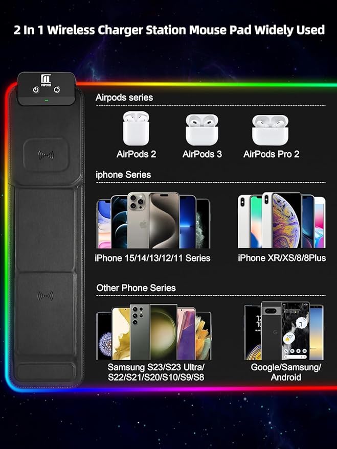 XXL Mouse Pad with Phone Holder - Black RGB Desk Mat with 15W Fast Charging LED Gaming Mousepad with 11 Light Colors Waterproof Non-Slip Pad for Office &amp Home