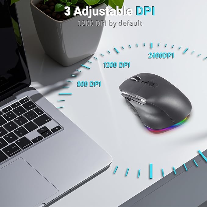 Ergonomic MouseBluetooth Vertical Wireless MouseLED Rechargeable Optical Computer Mice Portable(BT5.2 or USB 2.4GHz) Dual Mode1000/1600/2400 DPI8 Buttons for LaptopDesktopPCMacbook (grey)