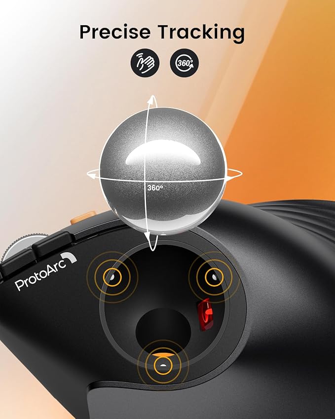 ProtoArc Vertical Wireless Trackball Mouse EM05 NL Bluetooth Ergonomic Rollerball Mouse Rechargeable Computer Laptop Thumb Mice 3 Device Connection Compatible with iPad Mac Windows PC-Silver