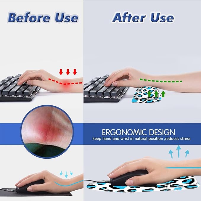 Bxgolkgd Ergonomic Gel Mouse Wrist Rest Pad and Keyboard Pad SetAnti-Slip PU Bottom Easy Typing and Relieve Wrist Pain with Cute Coaster Set (3-Blue Leopard Print)