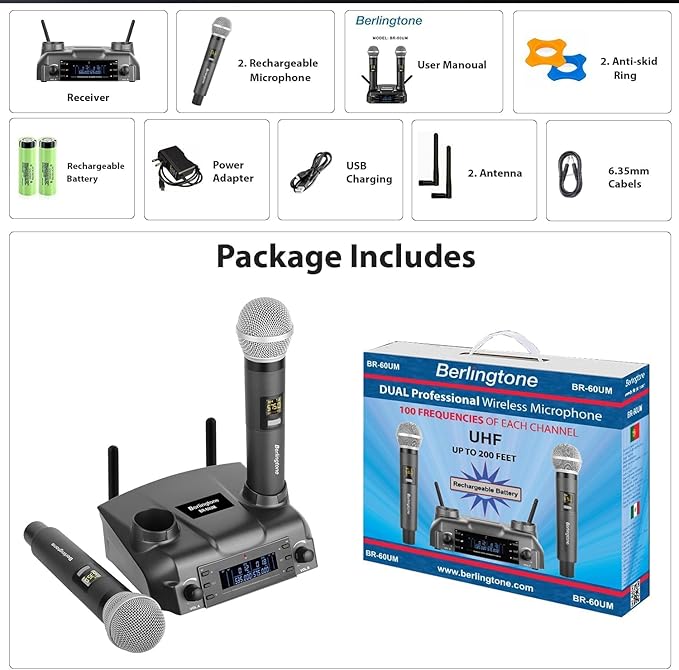 Berlingtone) Professional Dual Dynamic Handheld UHF Wireless Microphone System Magnetic Wireless Charging 200 Adjustable Frequency Channels for Karaoke Meeting Church up 200ft Range BR-60UM