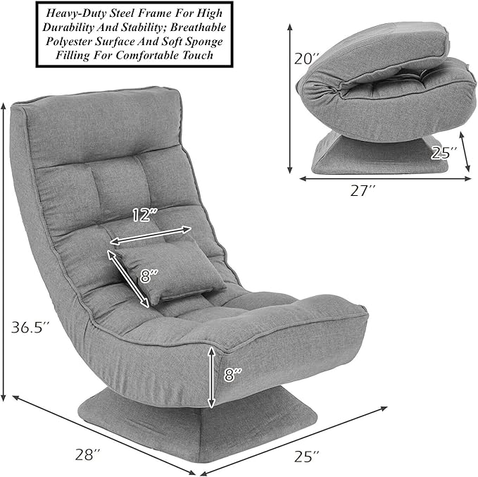 Grey 360° Swivel Floor Chair Video Game Gaming Floor Chair Lounge Chair Lazy Chair with Massage Lumbar Pillow 5 Level Adjustable Backrest Foldable Design Heavy-Duty Steel Frame Soft Padded Seat