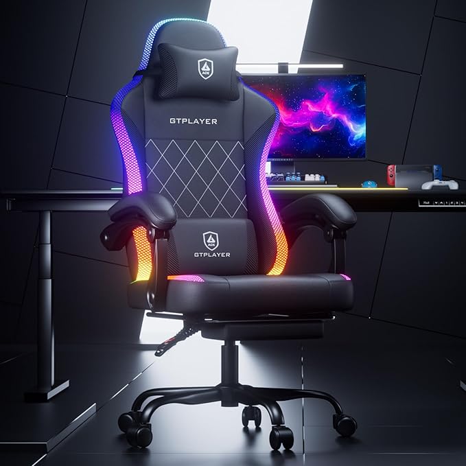 GTPLAYER RGB Gaming Chair with Footrest Massage LED Lights Lumbar Support - Ergonomic Computer Chair with Linkage Armrest Video Game Chairs PC Game Chairs for Adults