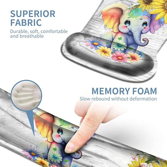 Keyboard Wrist Rest and Mouse Wrist Rest Pad Set Made of Memory Foam with Non Slip Rubber Base Ergonomic Gel Wrist Rest for Computer Keyboard Gaming Office Working Cute Elephant Sunflower Coaster