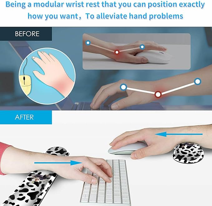 Keyboard Wrist Rest &amp Mouse Pad &amp Mouse Wrist Rest Support &amp Coaster Non Slip Rubber Base Wrist Support with Ergonomic Raised Memory Foam for Computer Laptop Home Office Black White Cow