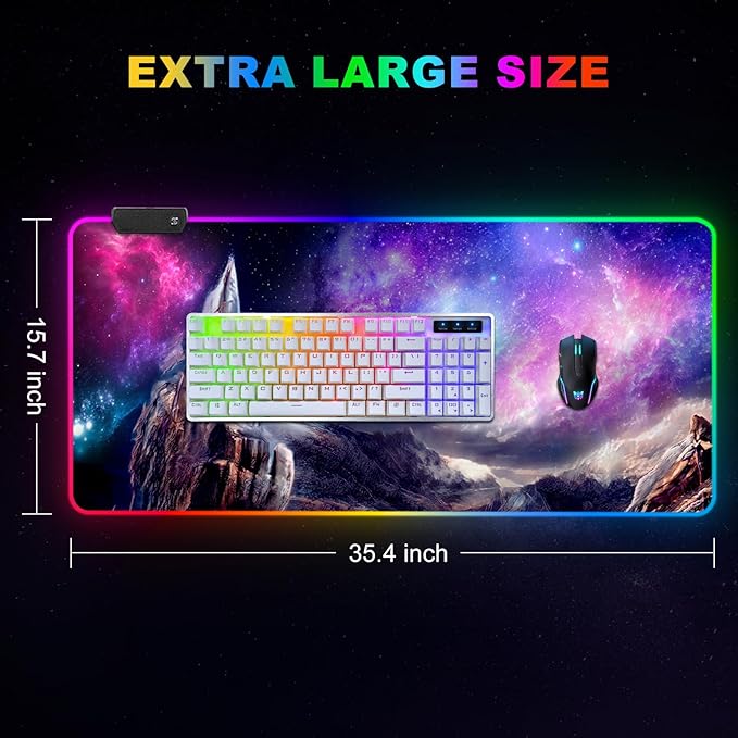 ARTSO RGB Gaming Mouse Pad Large Extended Soft Led Mouse Pad with 14 Lighting Modes 2 Brightness Water Resist Keyboard Pad Computer Mousepads Mat 35.4x15.7inch Starry Mountains