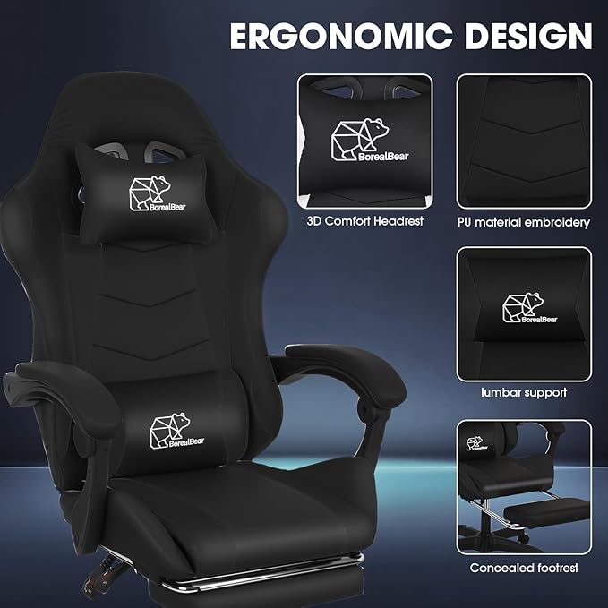 BorealBear Gaming Chair Office Chair Reclining High-Back PU Leather Computer Desk Chair with Headrest and Lumbar Support Suitable for Gaming Chairs Office Storage Office Shelving and More（Black）