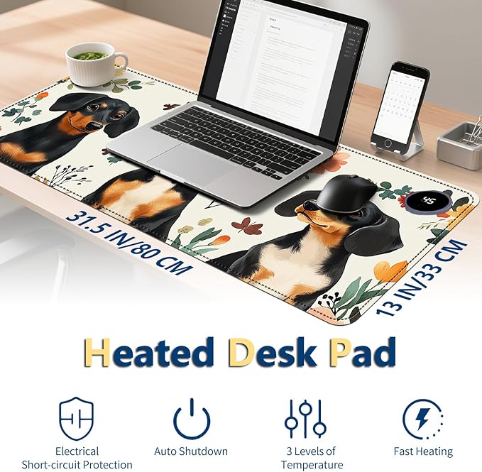 Heated Mouse Pad with 3 Temperature Settings(104°F–122°F)Large 31.5x13 Inch PU Leather Heated Desk MatWaterproof Warming Pad for OfficeGaming &amp Cold Hands ReliefDogs and Flowers
