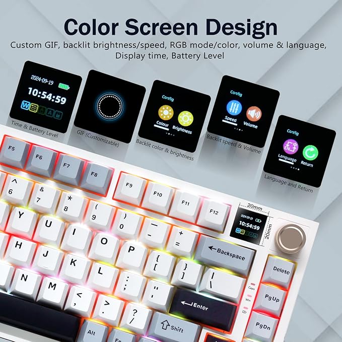 75% Wireless Mechanical Gaming Keyboard Creamy Sound Hot Swappable Pre-lubed Linear Switches Gasket Structure Multimedia Display RGB Backlit 2.4GHz/USB/BT5.0 Custom Keyboard for Win/Mac